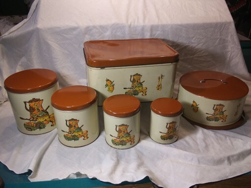 Vintage Decoware Tin Canister Set of 4 plus Breadbox & Cake Carrier