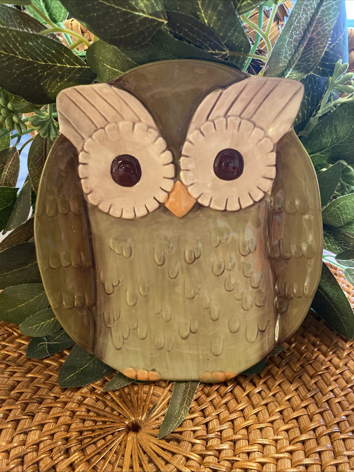 Grassland Roads Owl Dish Green 6.5” Tall & 5.75” Wide Trinket Dish Great Shape