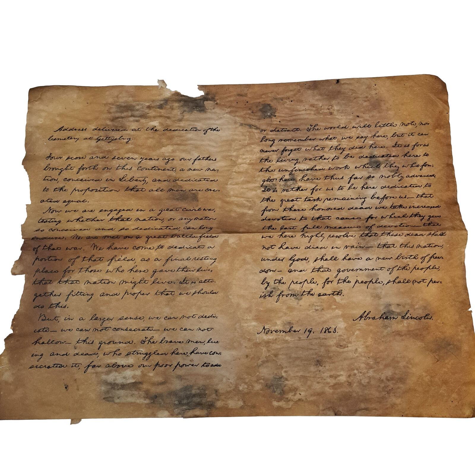 Vintage Historic Replica Abraham Lincoln Gettysburg Address Aged Parchment Paper