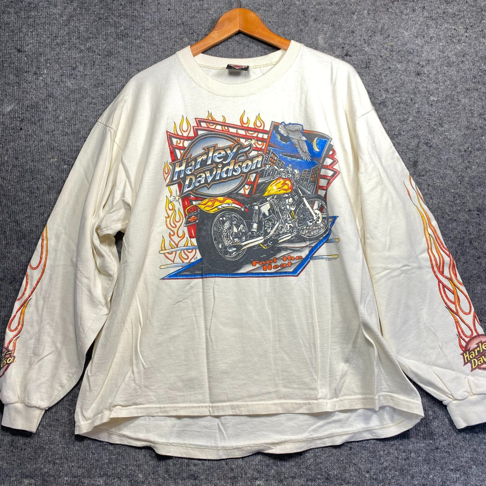 Vintage 1993 1995 Harley Davidson Feel The Heat Long Sleeve Shirt XL Flames