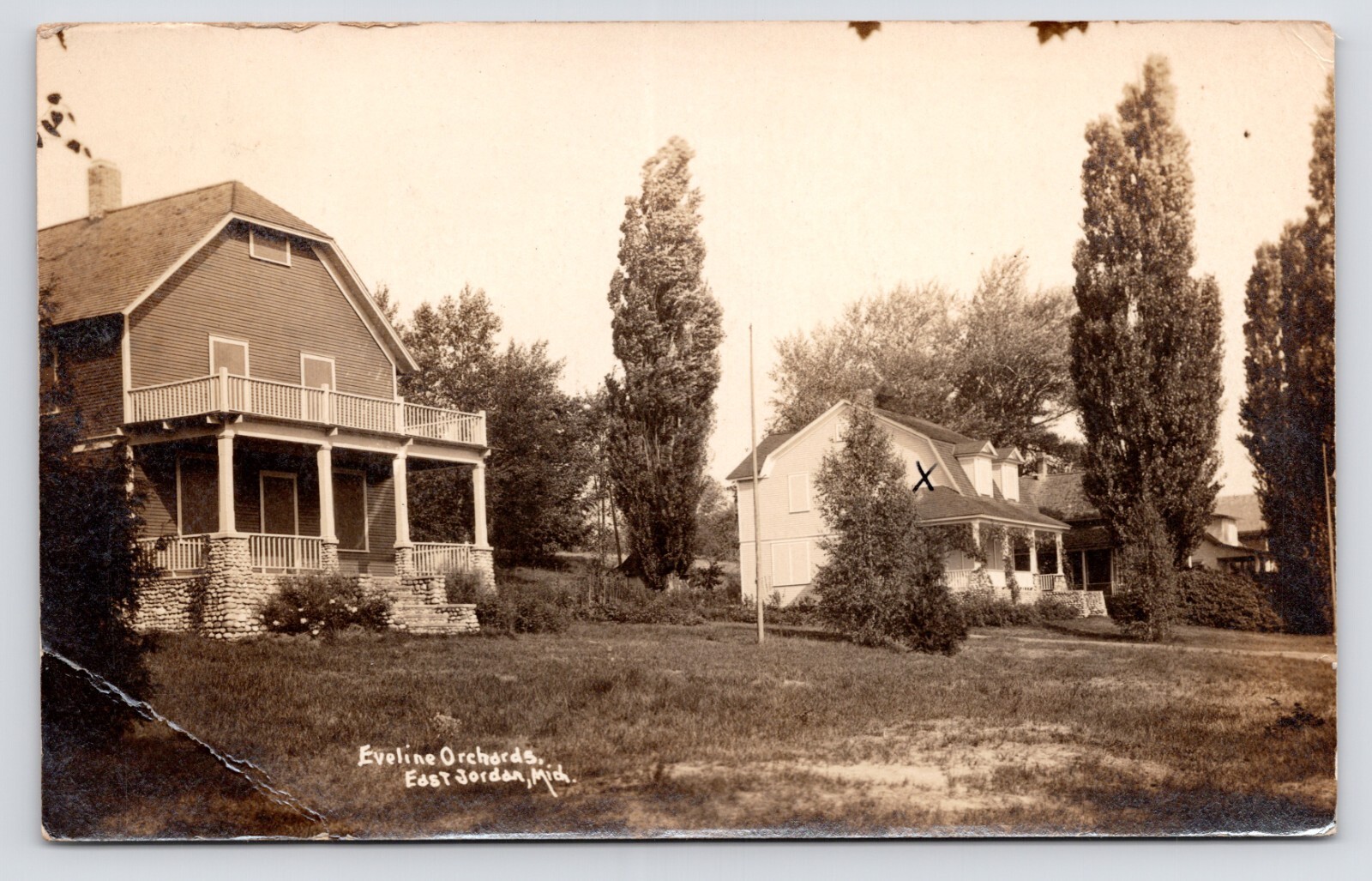 Eveline Orchards Cottages Yard East Jordan Michigan MI RPPC c1910s Postcard