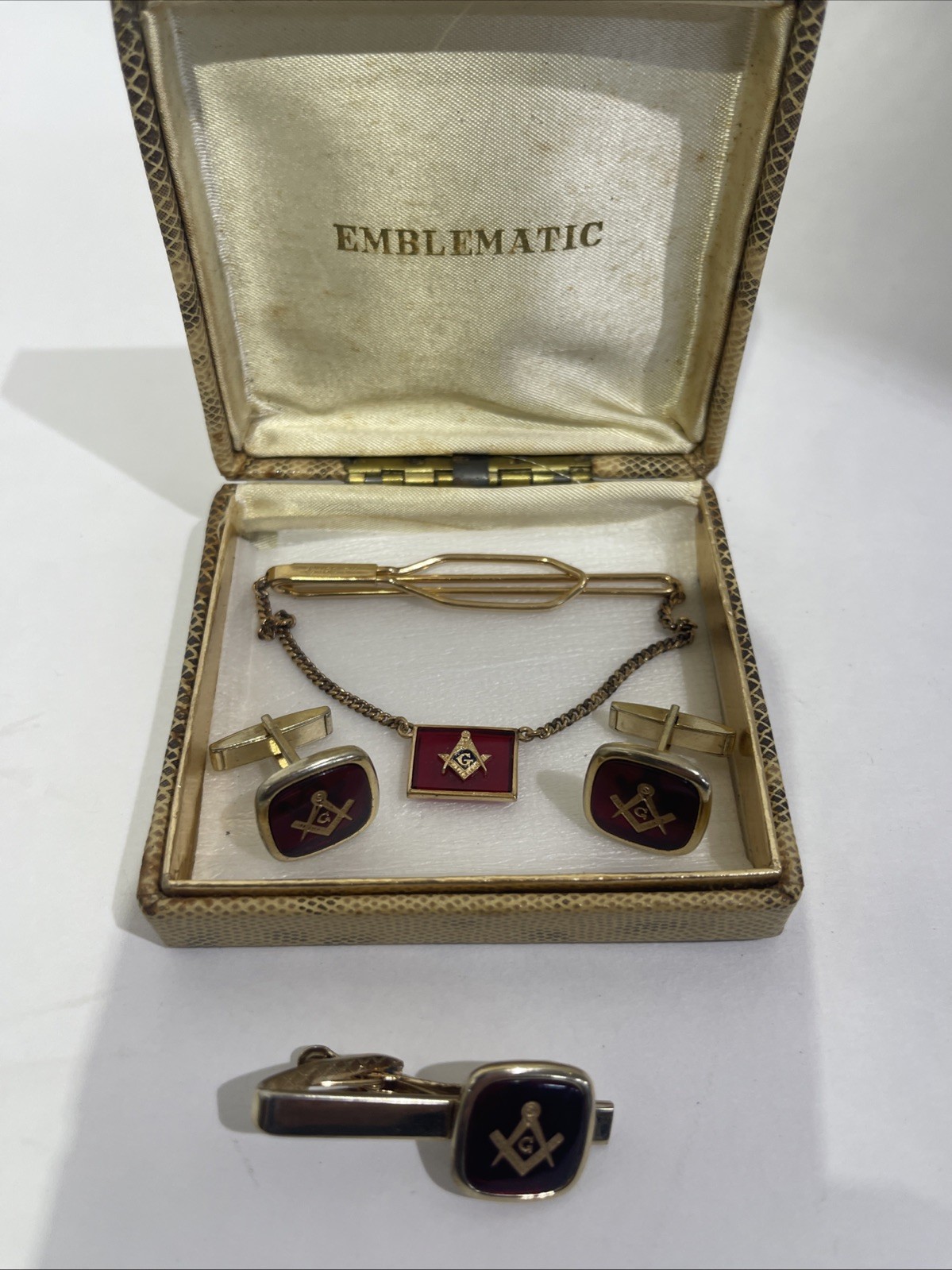 VTG 1/20-12KGF 10K BEZEL MASONIC FREE MASON RED GILLOUCHE CUFF LINKS TIE Clip