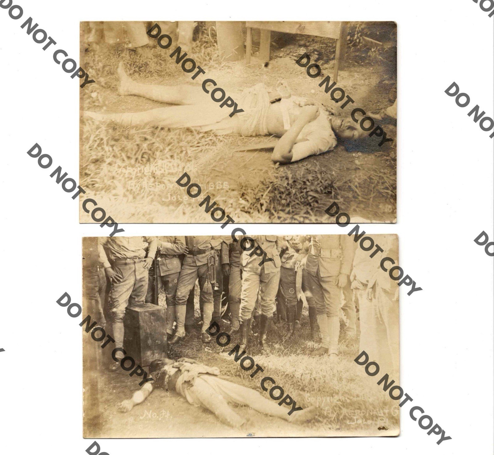 LOT OF (2) c1906 DEAD MAN MORO REBEL? IN JOLO PHILIPPINES PI AERONAUT GIBBS RPPC