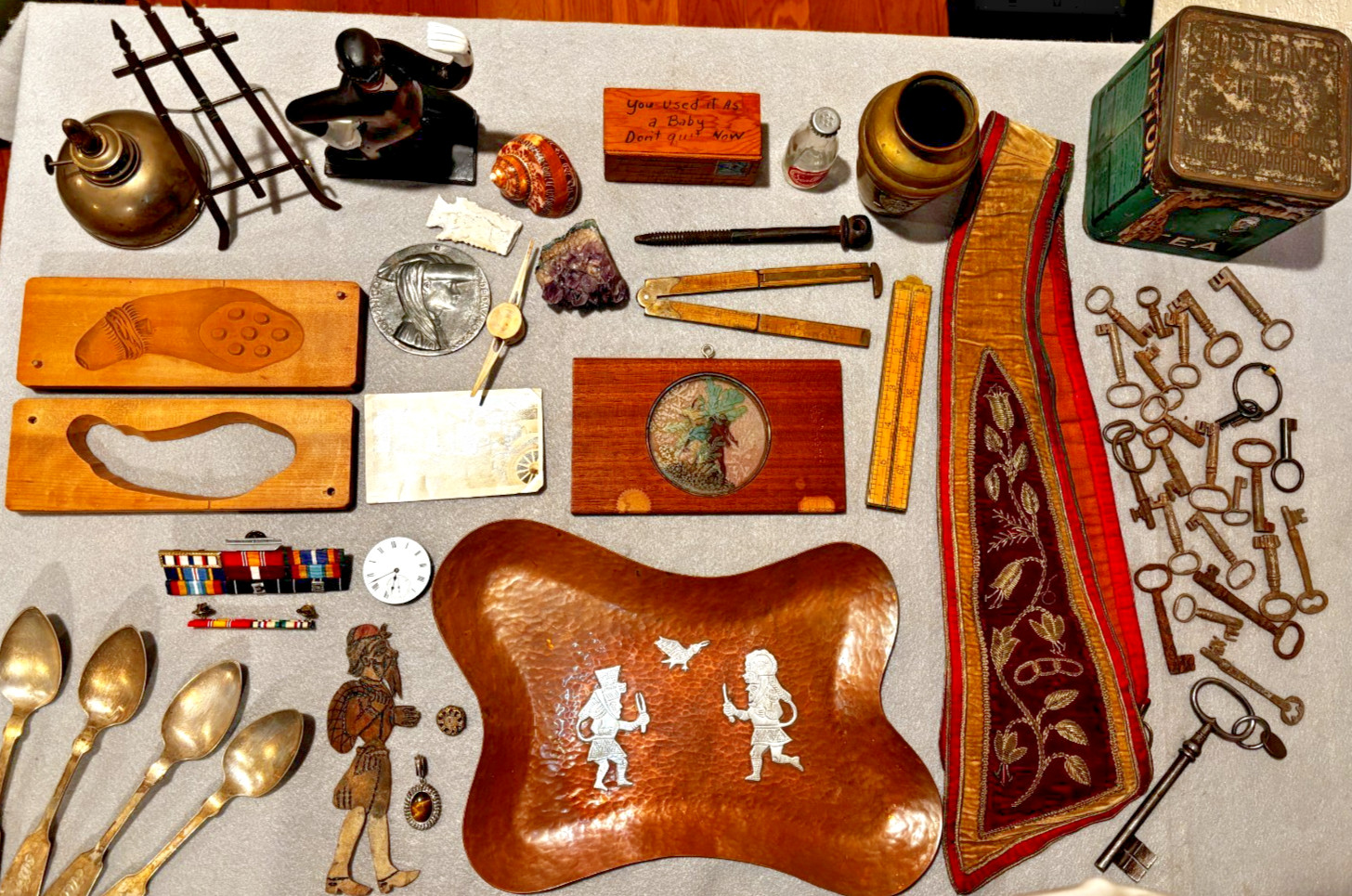 Junk Drawer Lot of Antiques & Vintage Curios, Sterling silver, Copper, Brass ...