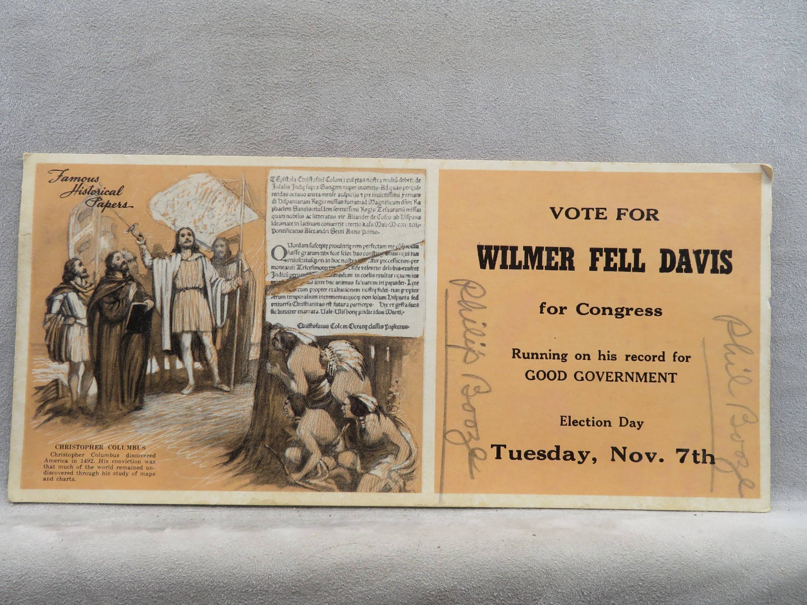 Vintage Ephemera 1944 Vote For Wilmer Fell Davis For Congress, Maryland