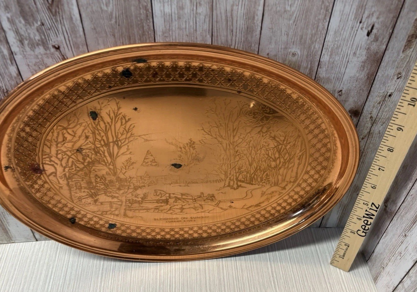 VTG Currier & Ives Sleighing On A Sunday Copper Craft Guild Oval Tray 