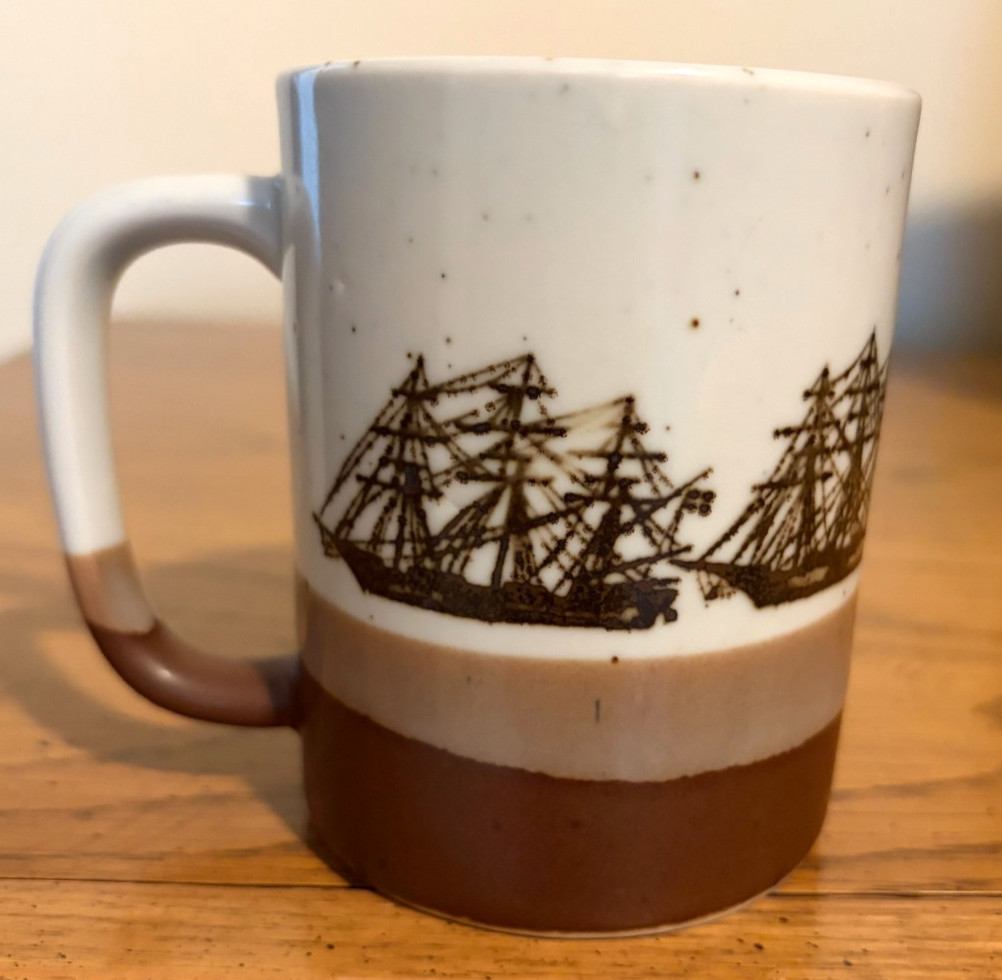 Otagiri Ceramic Coffee Cup or Mug Sailing Ships, Brown, Tan, Ivory - Vintage
