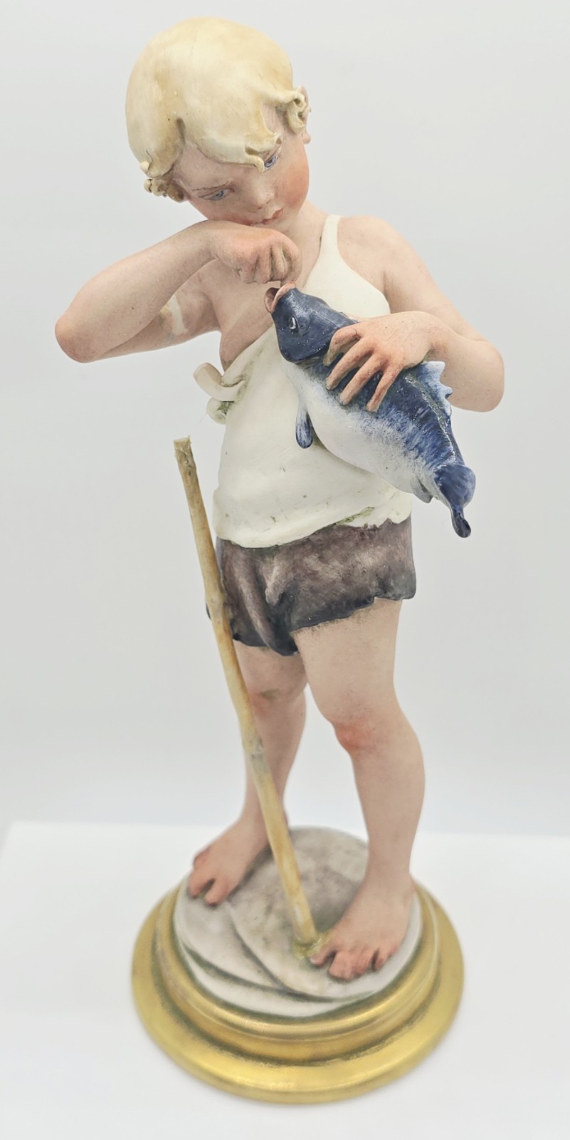 RARE Signed Giuseppe Cappe Works of Art Capodimonte Italy Figurine Boy Fishing