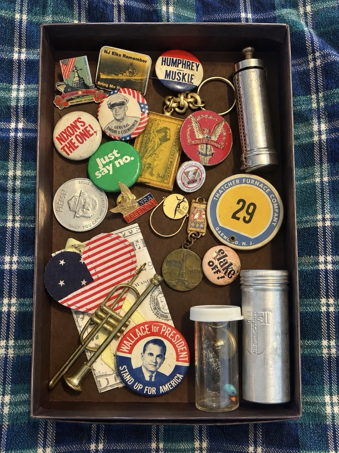 Vtg Junk Drawer Estate Lot Political Pins Nixon Wallace Murray Ring Trinkets