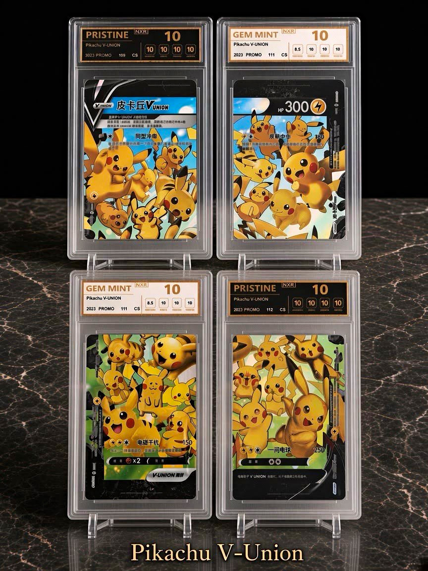 Pikachu V-UNION 2023 Pokémon set , Graded 10/ Pristine. 109/110/111/112.