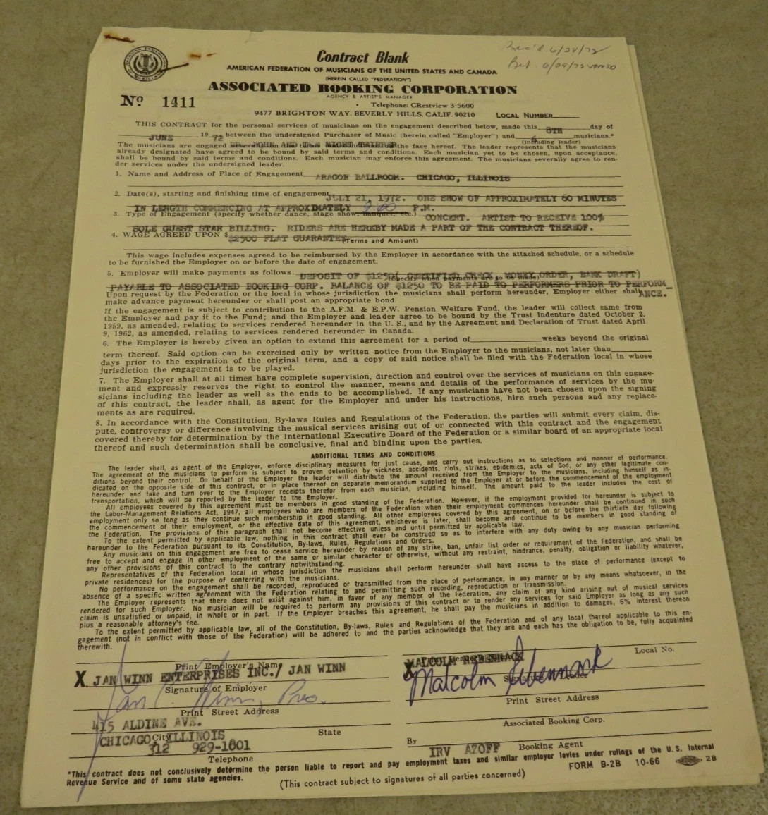 1972 Dr John Signed Contract Mac Rebennack Autograph Aragon Ballroom Chicago wow