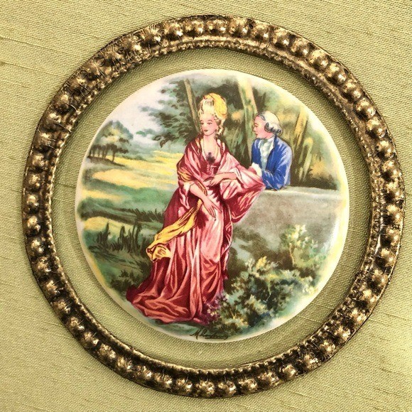 Vintage Wall Art Porcelain Plaque Courting Couple, Ornate Gold Framed 