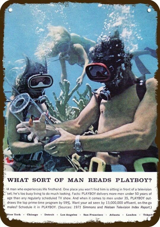 1972 Sexy Woman Scuba Diver & PLAYBOY Vintage-Look DECORATIVE REPLICA METAL SIGN