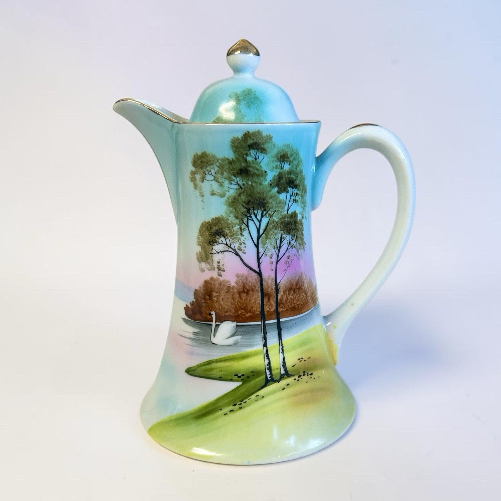 Vintage Hand painted Fine Bone Porcelain Coffee Teapot And 6 Demitasse Cups