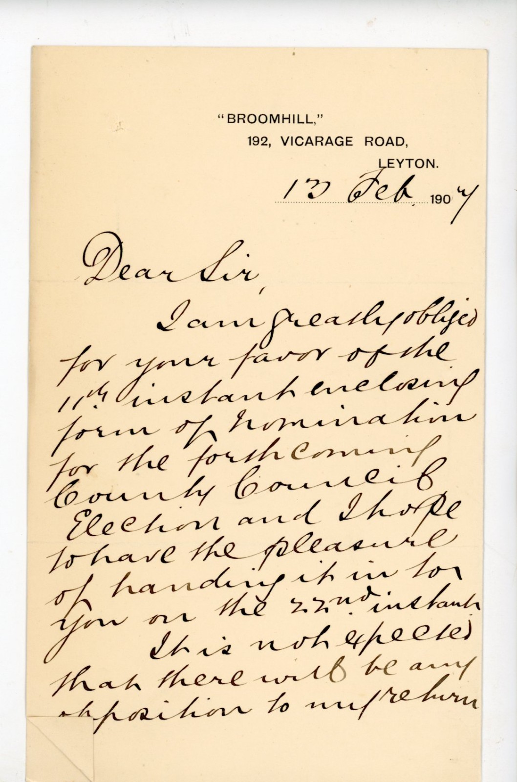 1907 Edwardian ALS Letter Leyton Essex County Council Election Lea Bridge Ward 1907 Edwardian ALS Letter Leyton Essex County Council Election Lea Bridge Ward