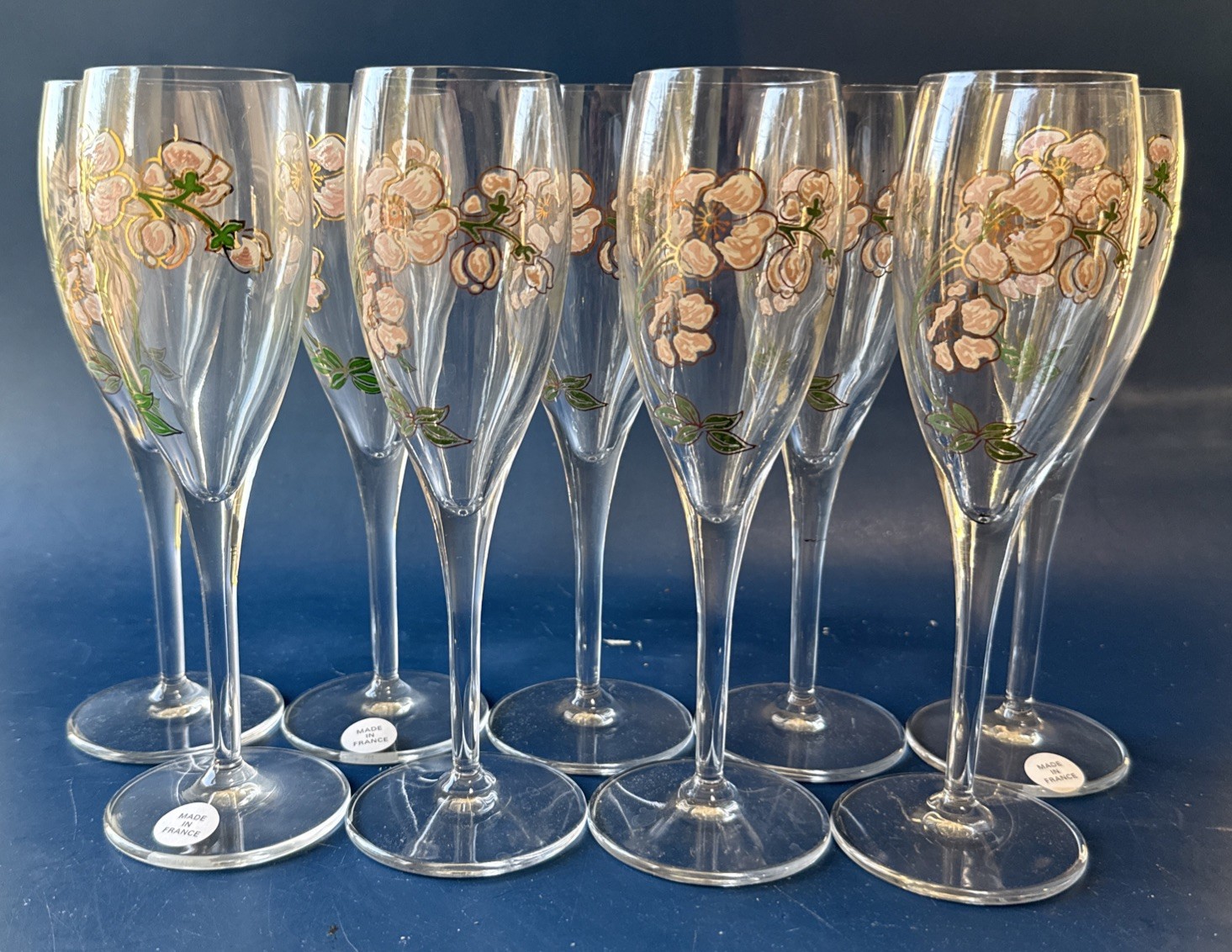 9 Perrier Jouet Champagne Flutes Hand Painted Flower Anemones Discontinued