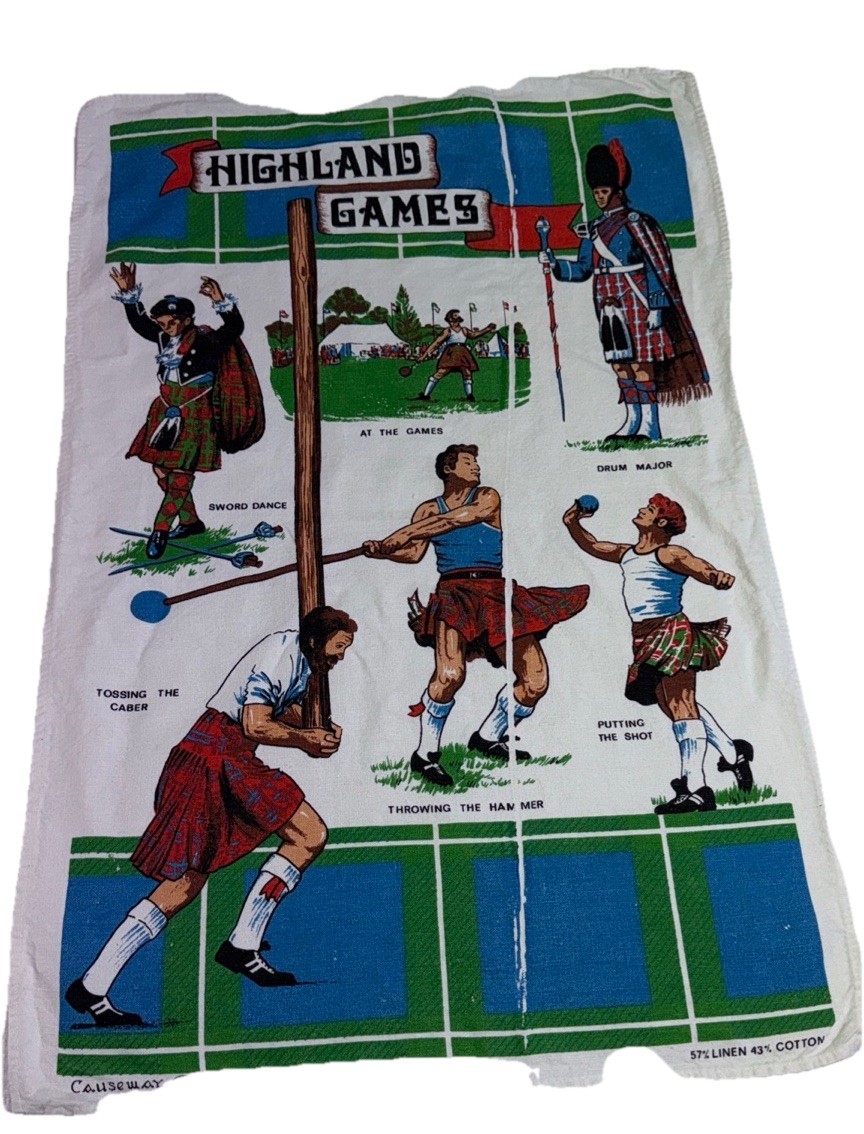 Vtg Causeway Scotland Robert Burns Cotton Linen Tea Towel “Highland Game” 27”x18