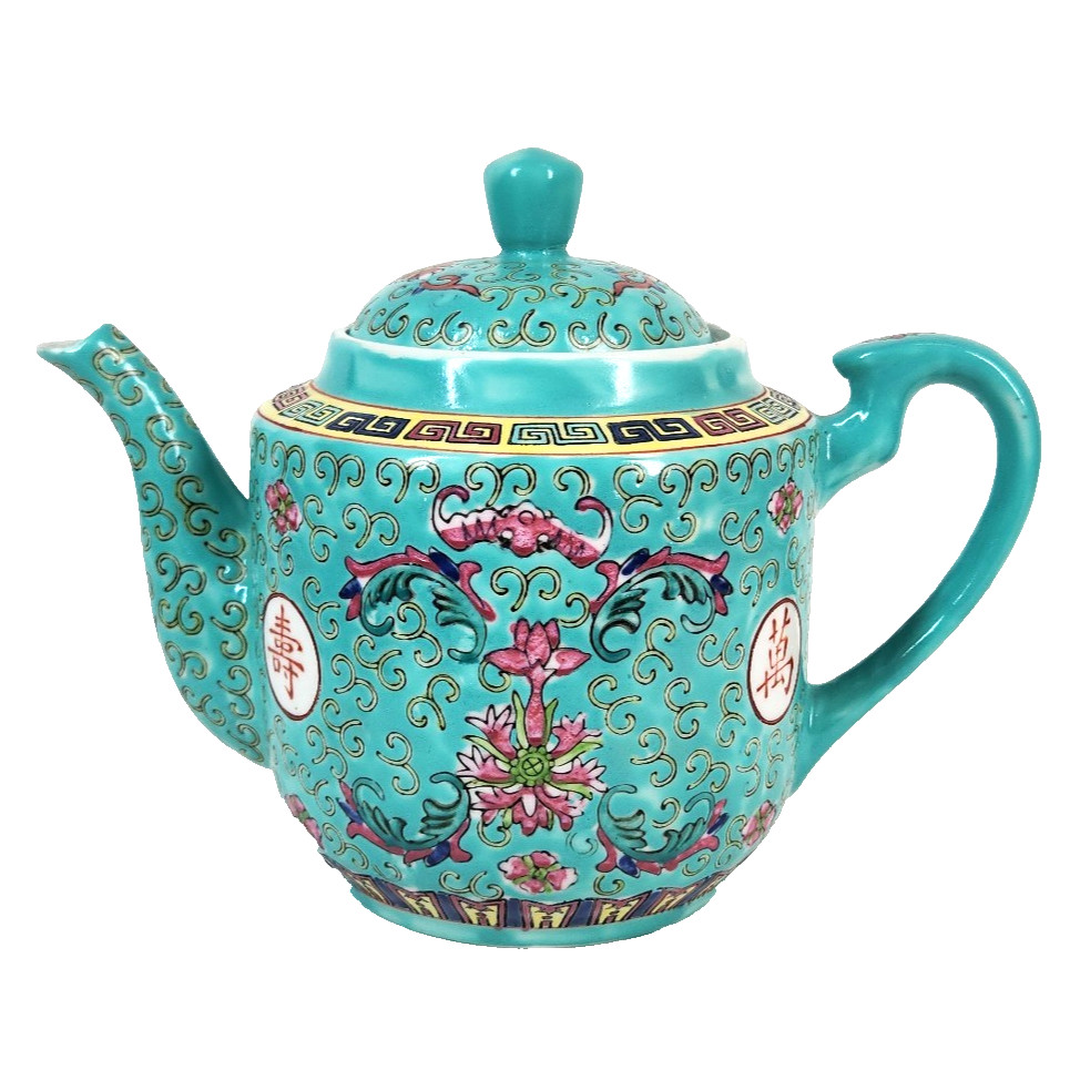 Vtg Chinese Mun Shou Famille Turquoise Longevity Tea Pot Porcelain Jingdezhen