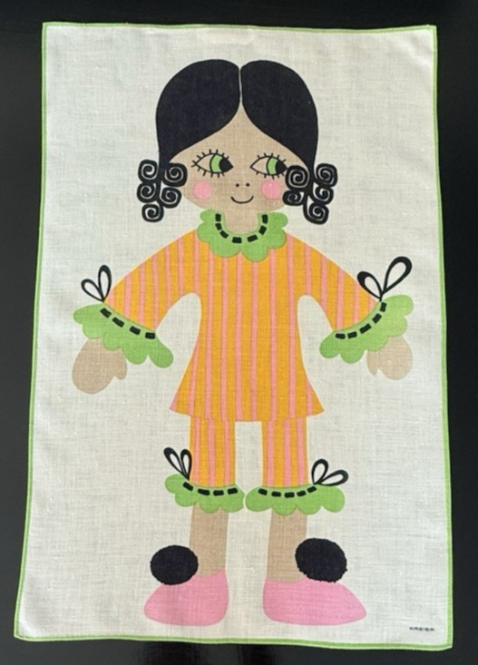 Vintage Tea Towel MCM 1960s RARE Kreier MOD Girl Linen 27''x 17''