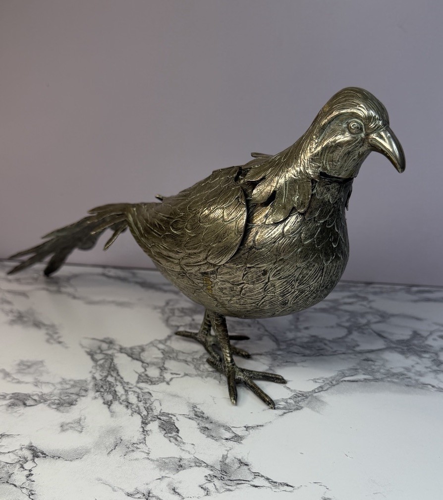 German Metal Pheasant Decanter Figurine Hinged Wings Stamped Germany Alpacca