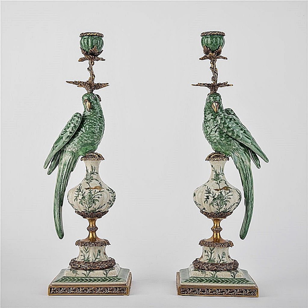 Pair: Green, White Porcelain Parrot Candle Holders. Bronze. Hand Painted- 18.5”H