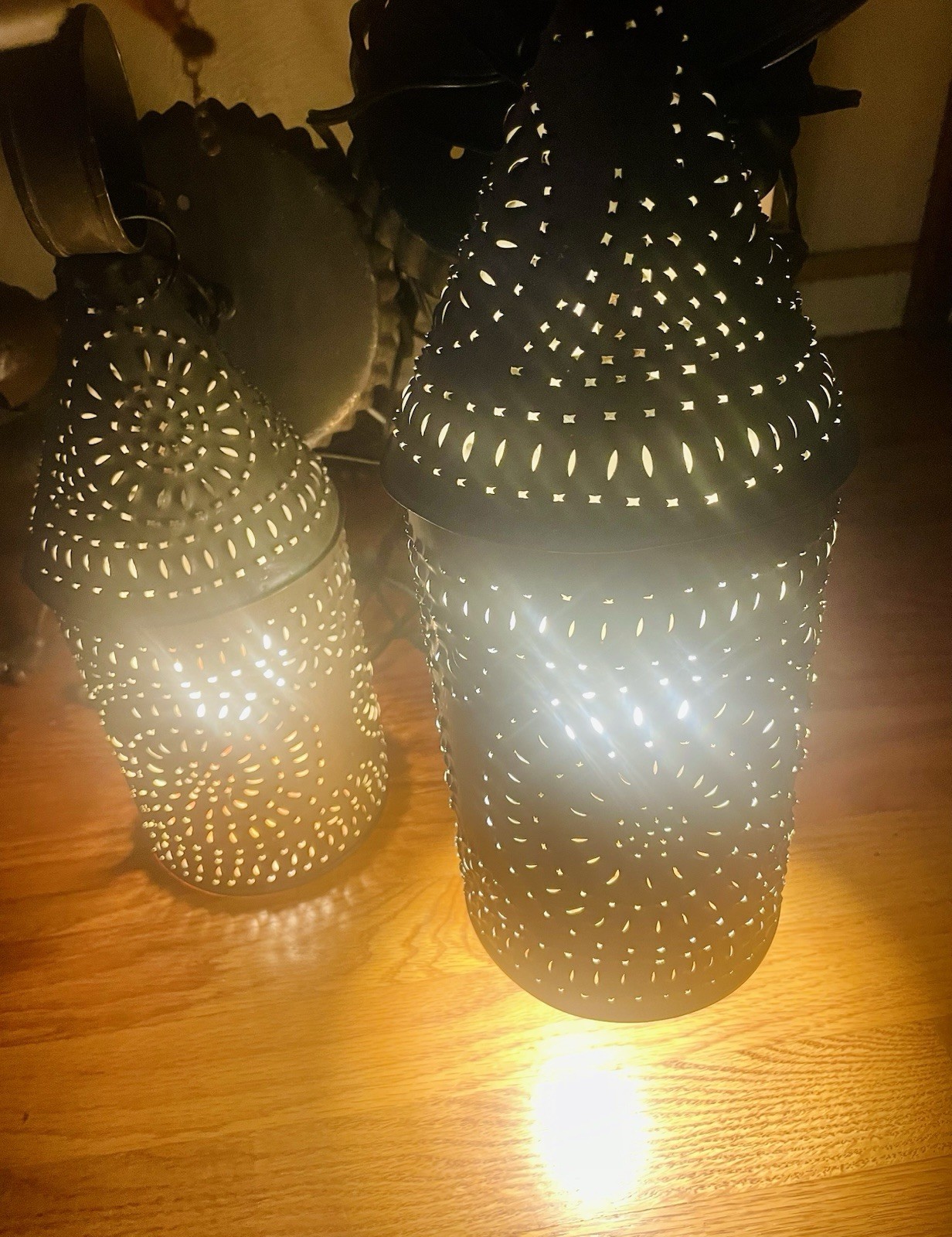 Set Of 2 Vintage 15” Hanging Punched Tin Lantern Ceiling Switch Drop Lights