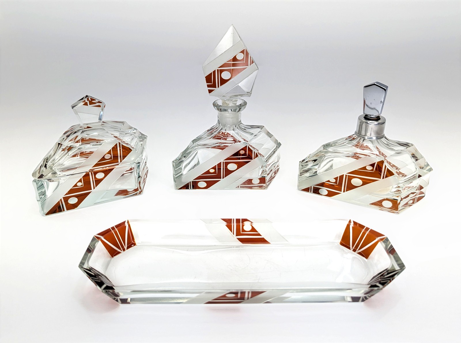 Vintage Czech Art Deco Crystal Vanity Set Dark Amber Perfume Bottles Tray Box