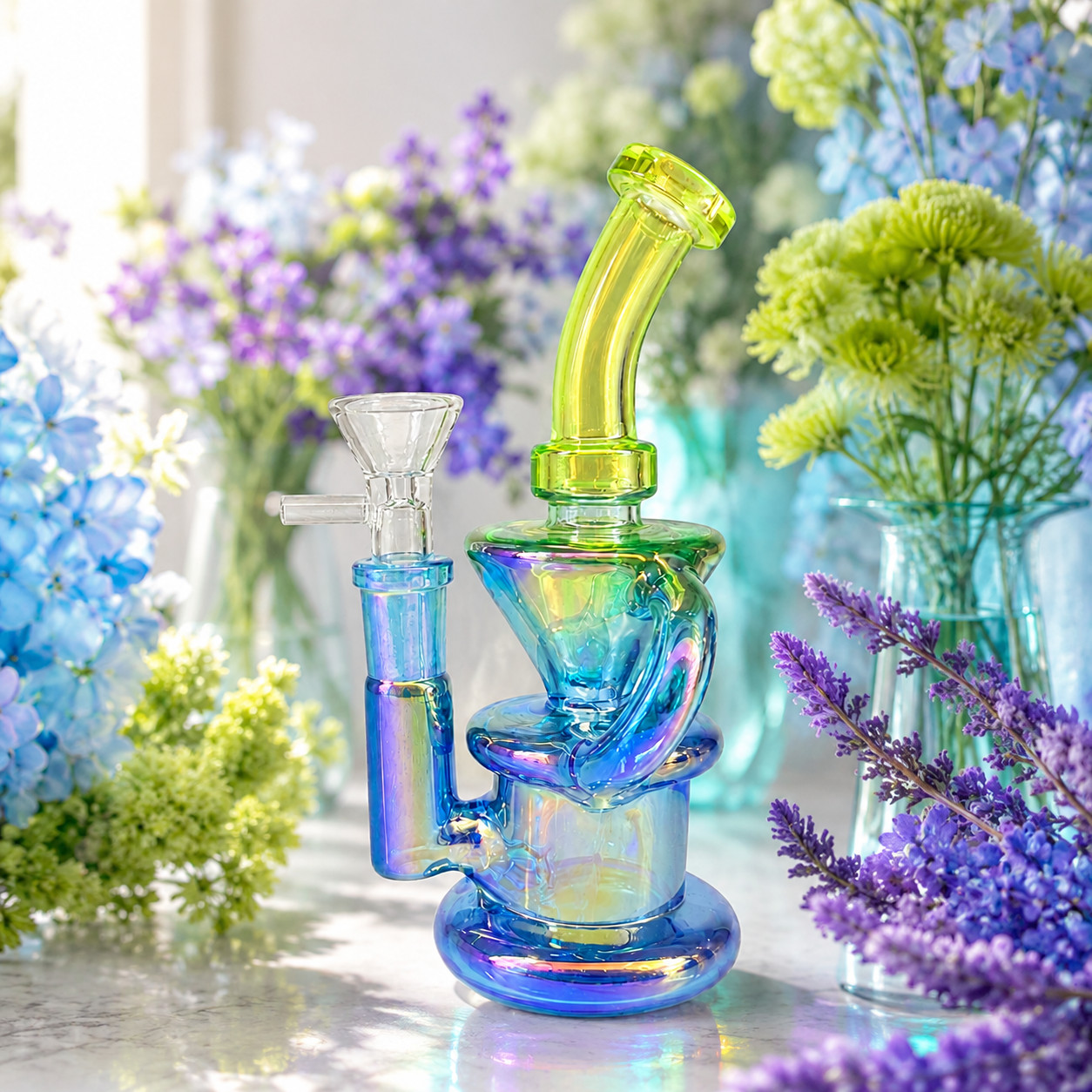Lime Blue Iridescent Compact Glass Water Pipe 14mm 6~6.5 inch Lime Blue Iridescent Compact Glass Water Pipe 14mm 6~6.5 inch