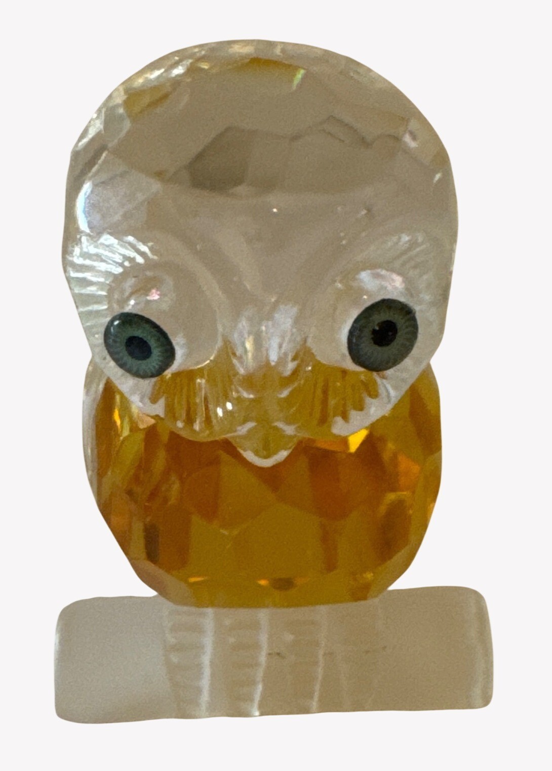 Crystal Glass Owl Figurine On Frosted Base Limb Faceted Amber Yellow Body