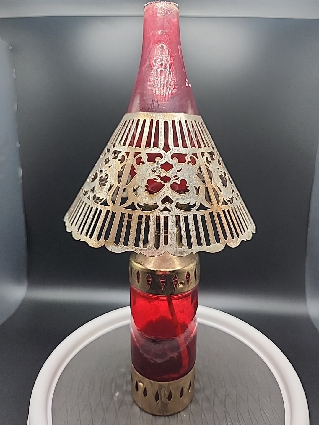 Antique Miniature Ruby Red Glass Oil Lamp Brass Glass Pierced Metal Shade Antique Miniature Ruby Red Glass Oil Lamp Brass Glass Pierced Metal Shade