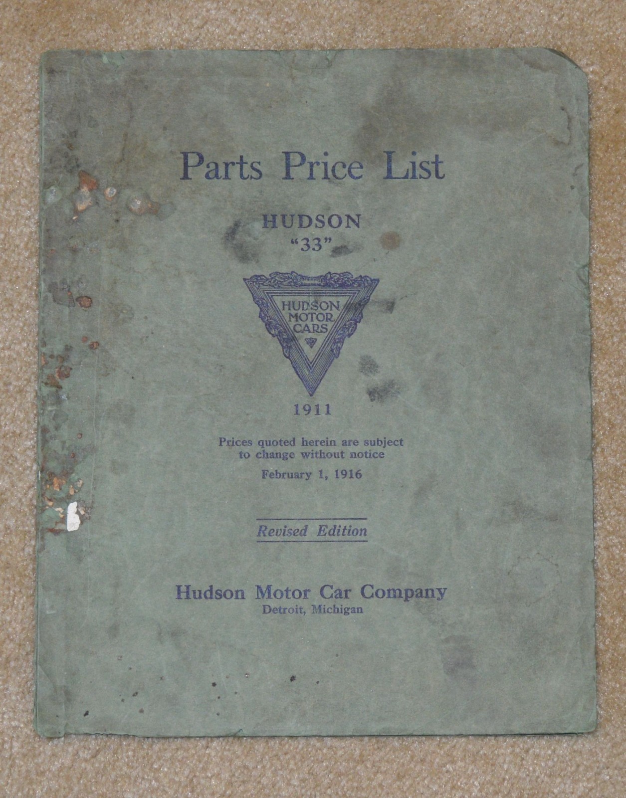 Original 1916 Hudson 33 Motor Cars Parts Price List Brochure Detroit antique