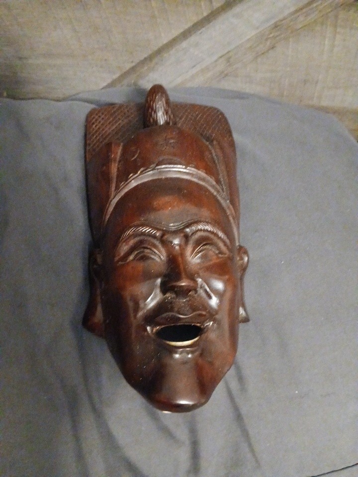 Vintage Hand Carved Wood Asian Mask Wall Hanger 