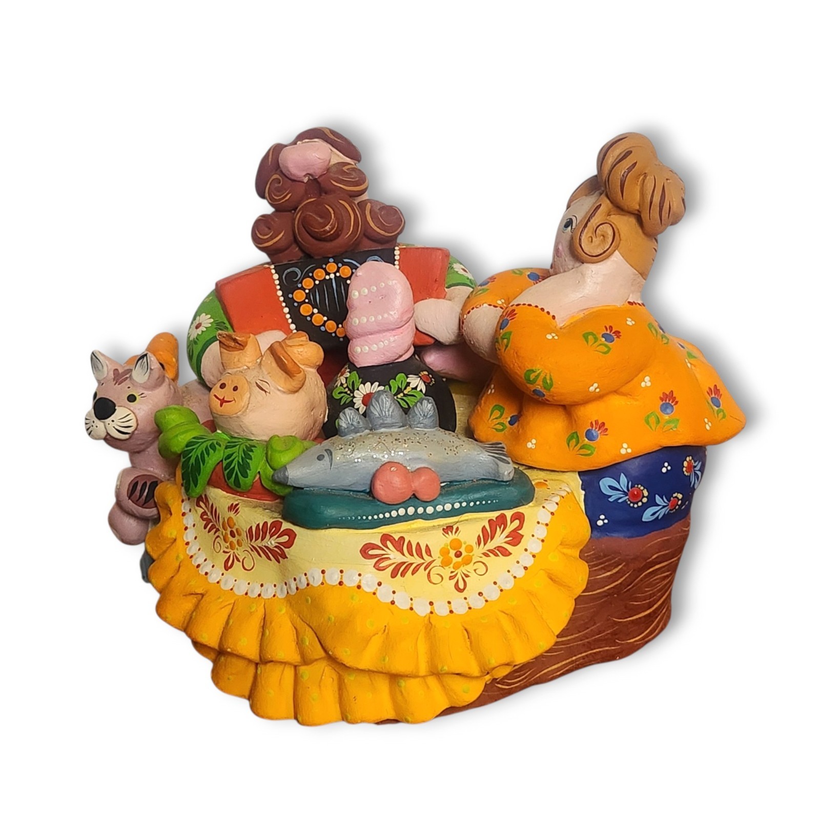 Russian Dymkovo Folk Art Pottery Clay Figurine Signed \