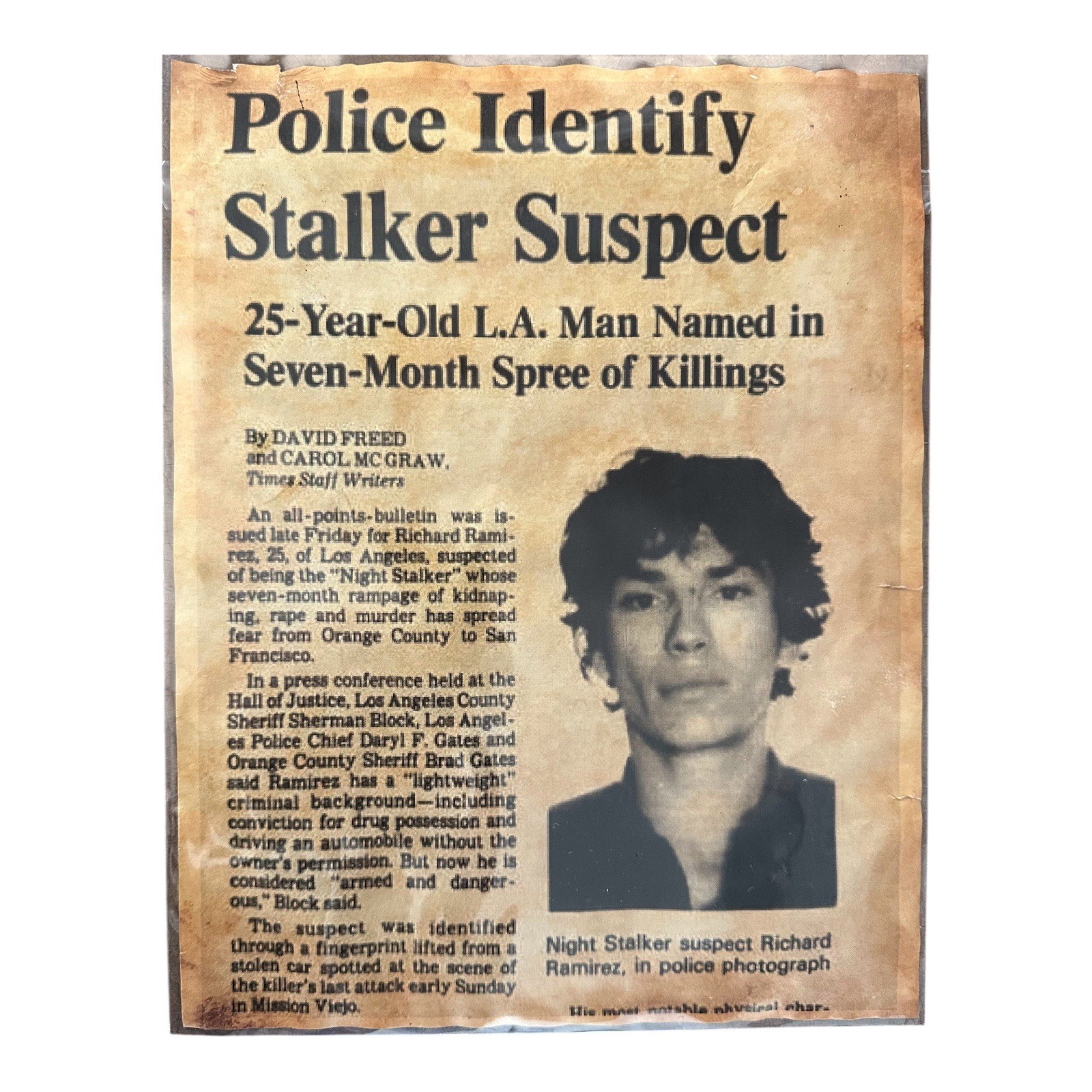 1985 Newspaper Article Police ID Richard Ramirez Night Stalker Los Angeles