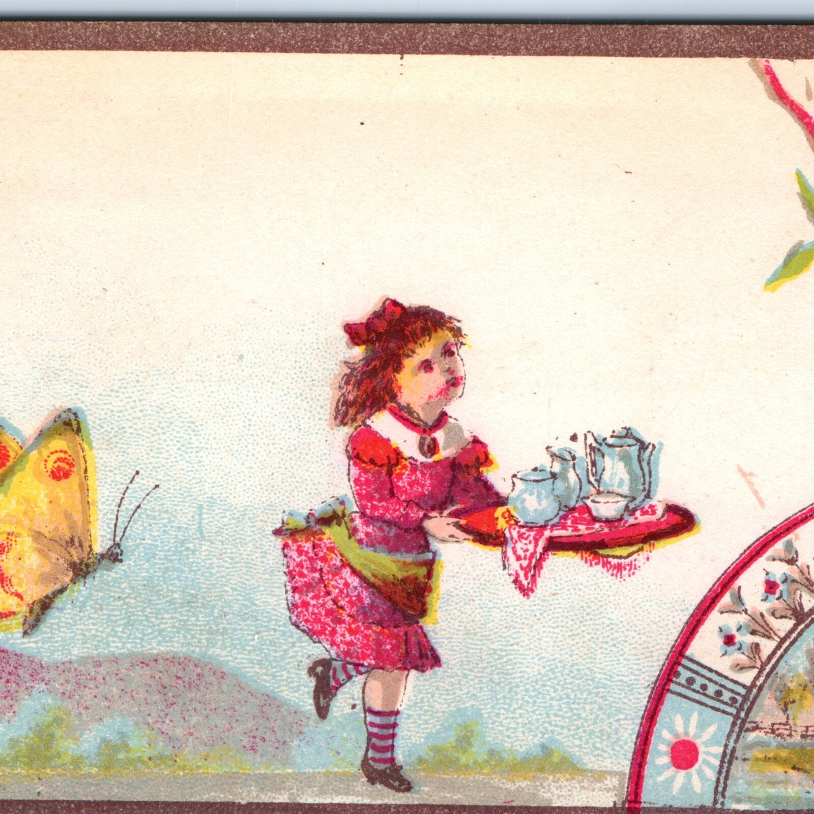 c1880s Girl Carrying Tea Service Tray Butterfly Litho Scenic Stock Trade Card