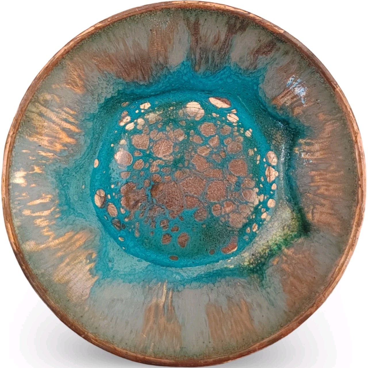 Vintage Enamel on Copper Trinket Dish Turquoise Teal Blue Mid Century Modern