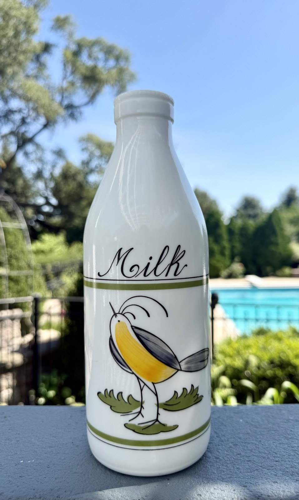 Vintage Egizia Italy Milk Glass Milk Bottle Hand Painted Bird 10” MCM 1960s