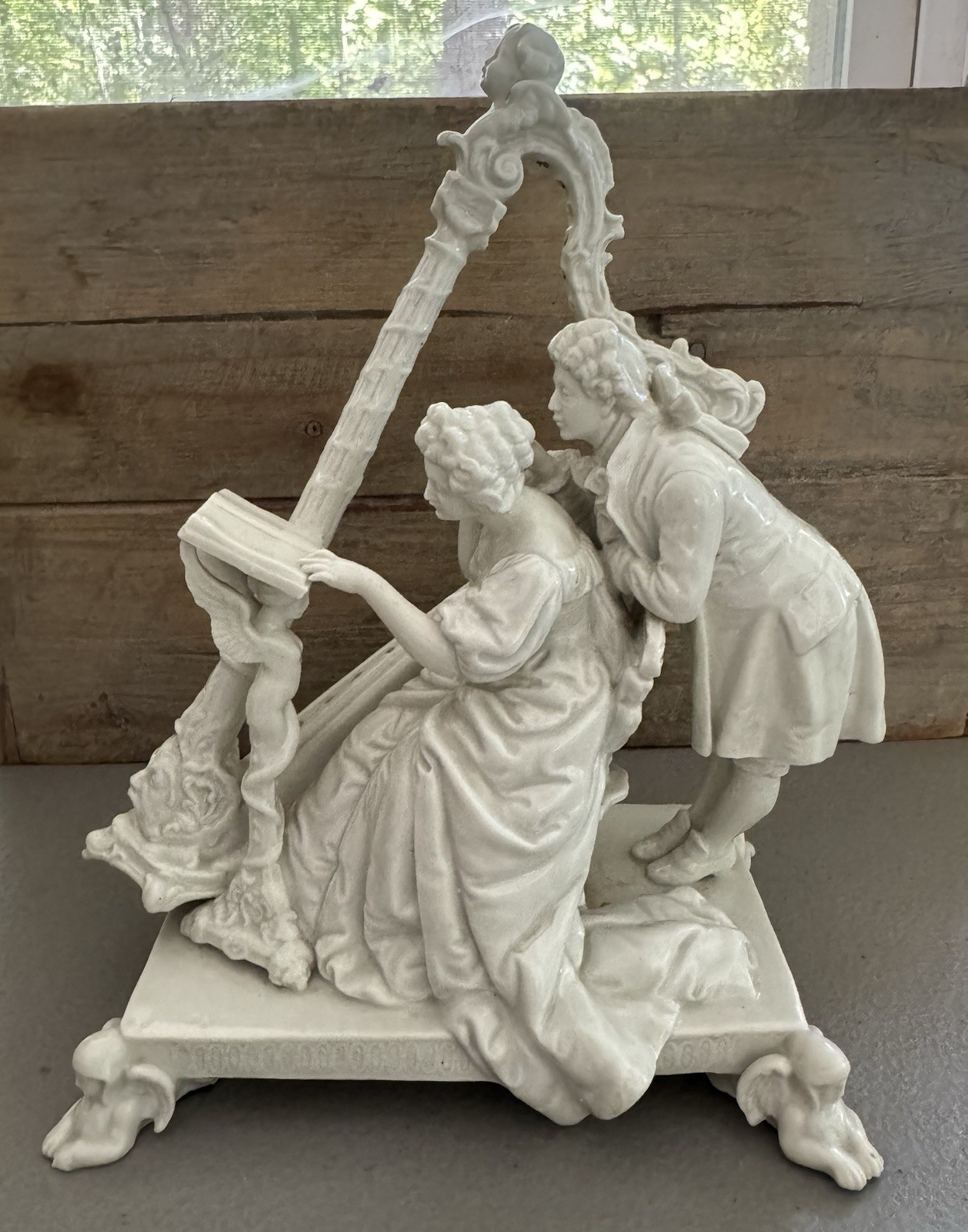 Antique Höchst Bisque Porcelain Figurine Group Courtship Music Scene Harp Mark