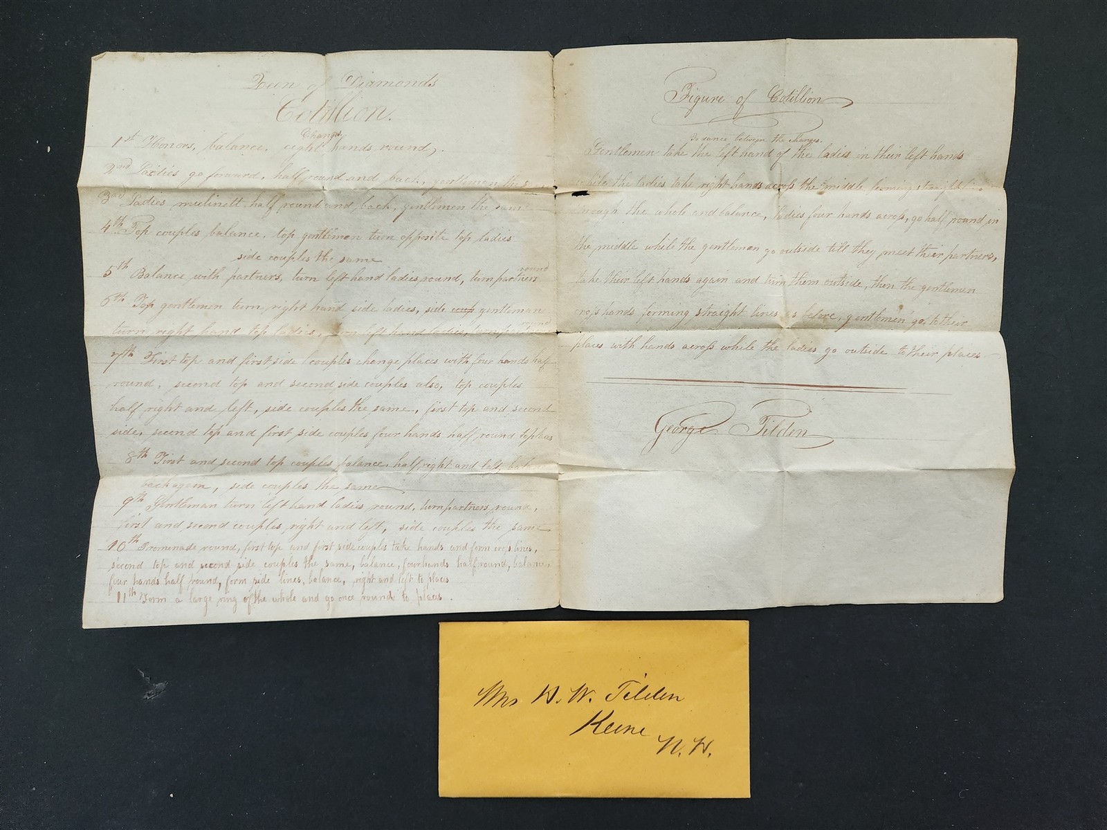 c1840 antique GEORGE TILDEN keene nh DANCE MOVES handwritten COTILLION