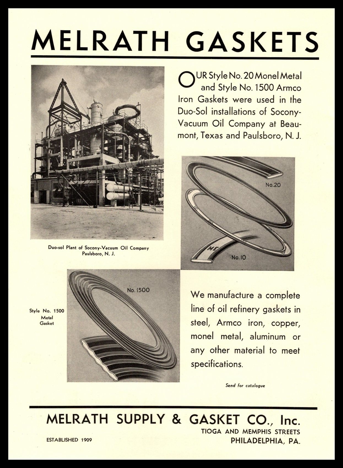 1935 Melrath Supply & Gasket Philadelphia Socony Oil Plant Paulsboro NJ Print Ad