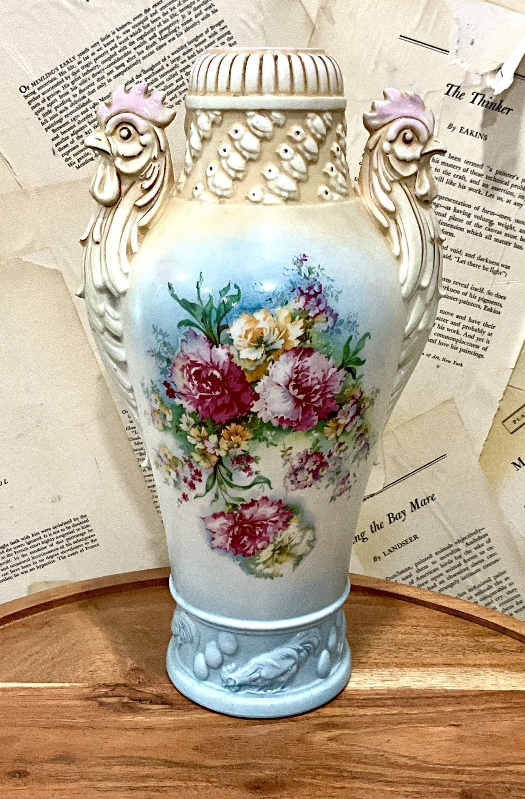 Antique Royal Austria Porcelain Vase Rooster Chicks Floral Vase c1900 13\ Antique Royal Austria Porcelain Vase Rooster Chicks Floral Vase c1900 13\