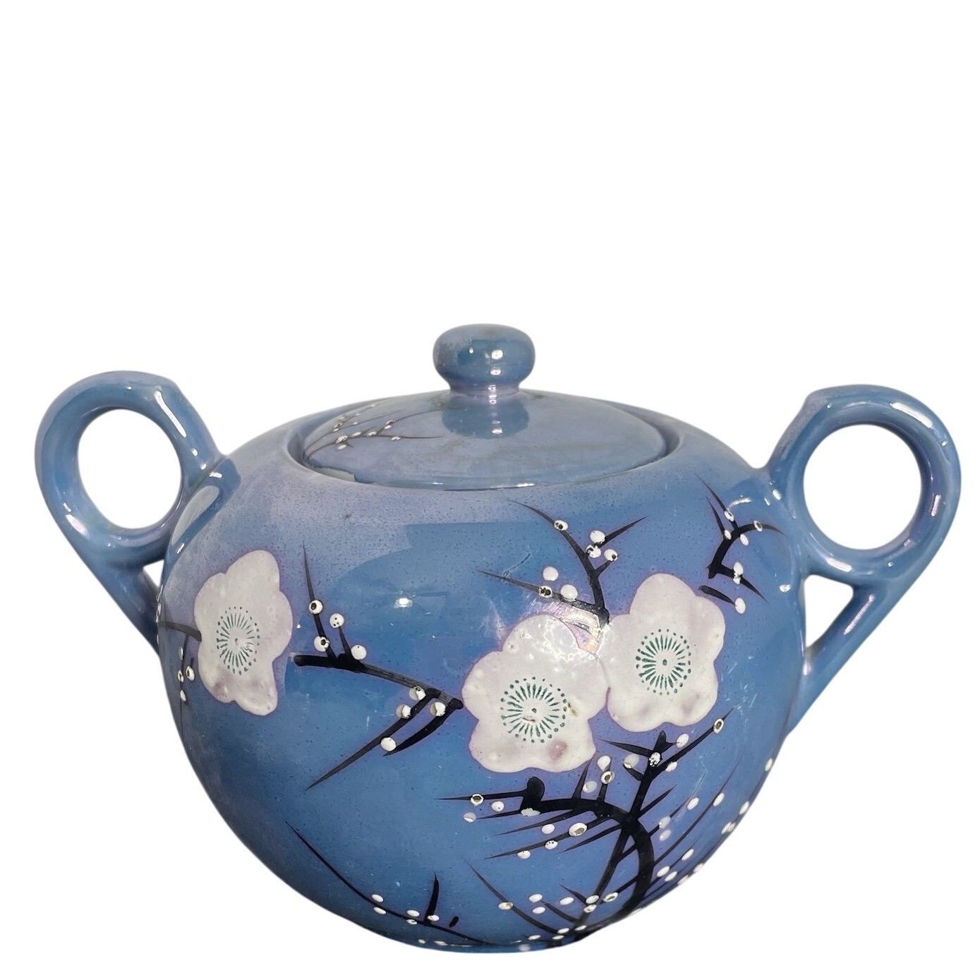 Japanese Cherry Blossom Iridescent Blue Lusterware Sugar Dish Vintage Japanese Cherry Blossom Iridescent Blue Lusterware Sugar Dish Vintage