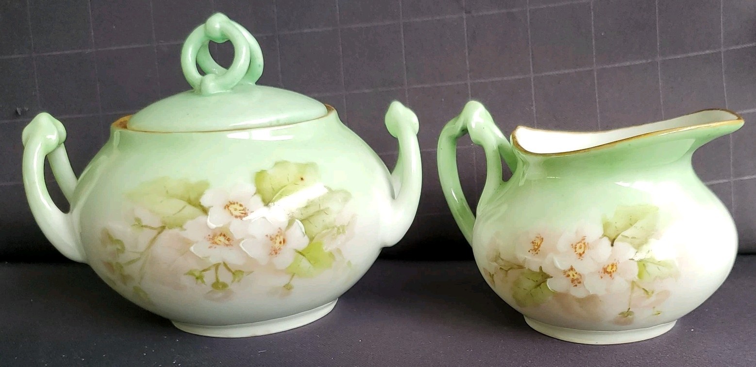Antique W.G. & Co. Wm. Guerin Hand Painted Creamer and Sugar Bowl Pink Flowers.