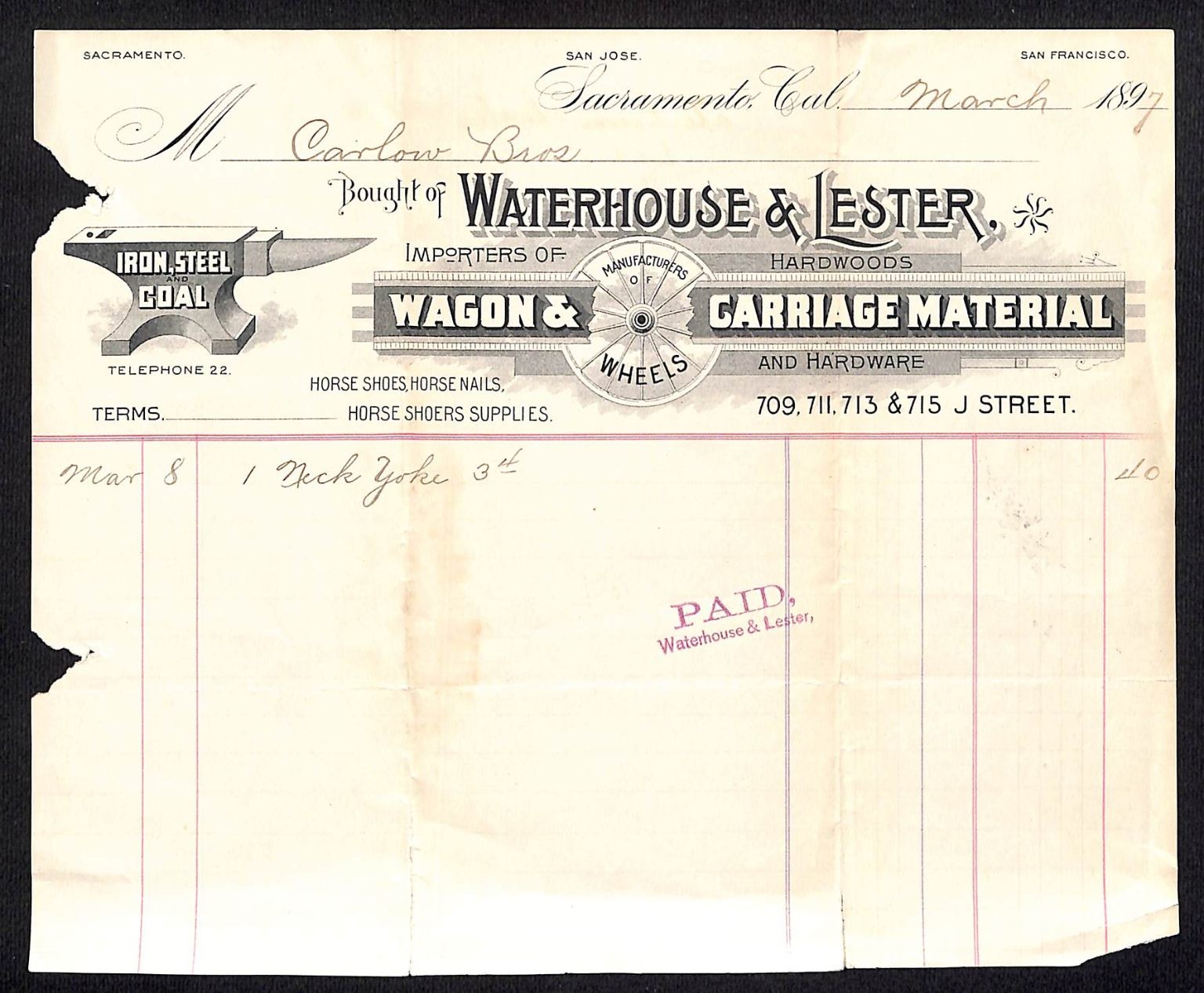 1897 Sacramento CA Waterhouse & Lester Wagon Carriage Hardware Invoice Receipt