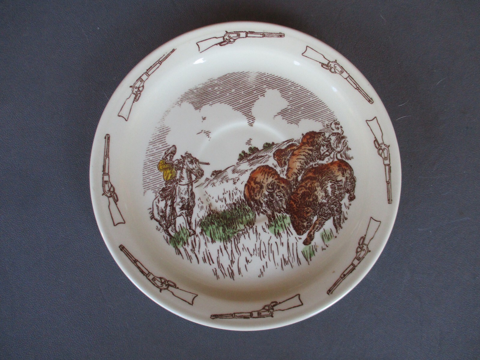 Vtg VERNON KILNS, WINCHESTER 73 Buffalo Hunt Plate, Saucer Coaster #2 Vtg VERNON KILNS, WINCHESTER 73 Buffalo Hunt Plate, Saucer Coaster #2