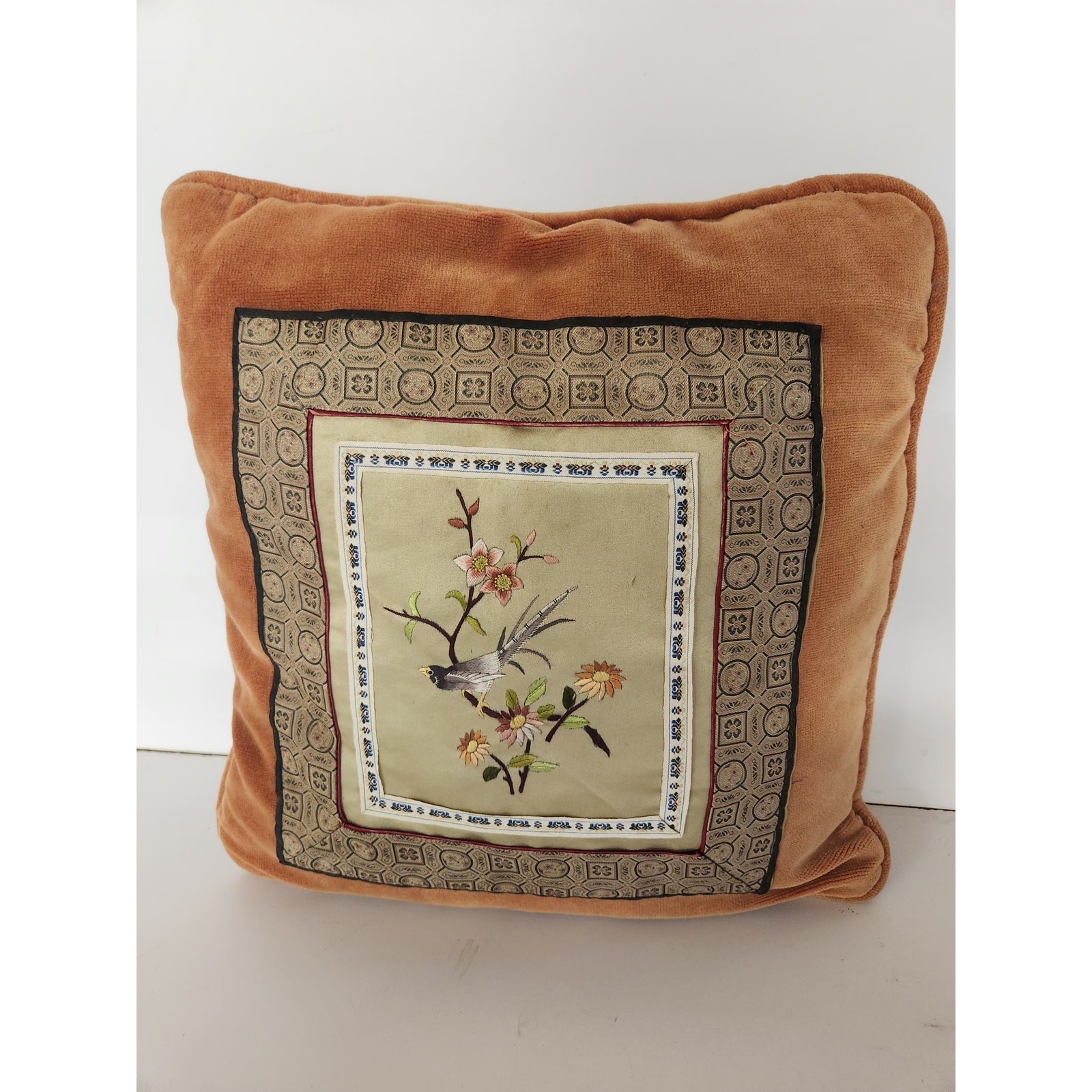 Vintage Asian Embroidered Silk Pillow Birds Chinoiserie 15x15