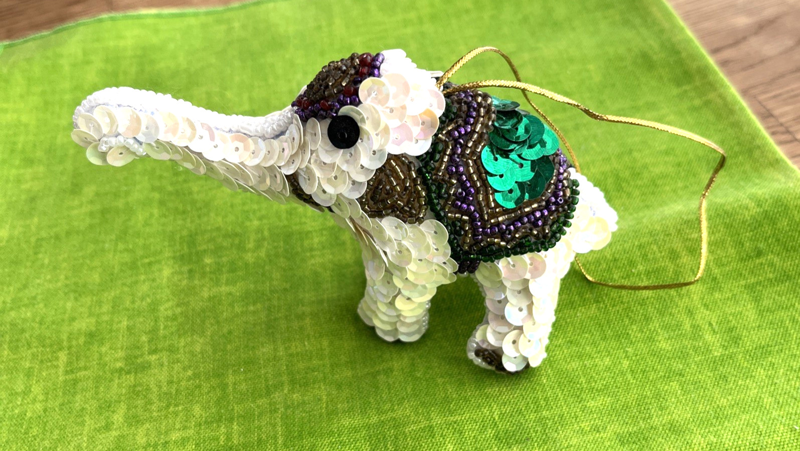 Sequin Beaded Elephant Christmas Ornament White w/Ceremonial Decor Purple/Green