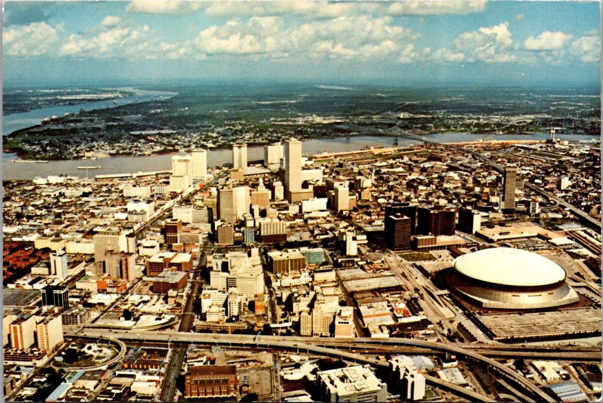 New Orleans Louisiana Aerial View Skyline Superdome Downtown Crecent City c1970