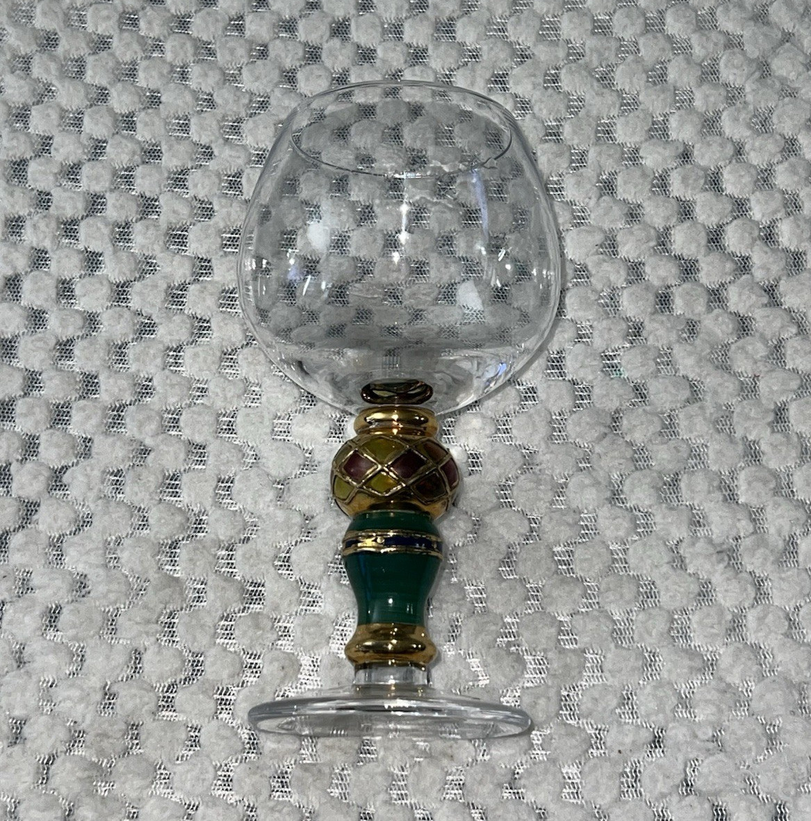 Clear Stemmed Wine Glass Goblet with Green & Gold Decorated Stem, Round