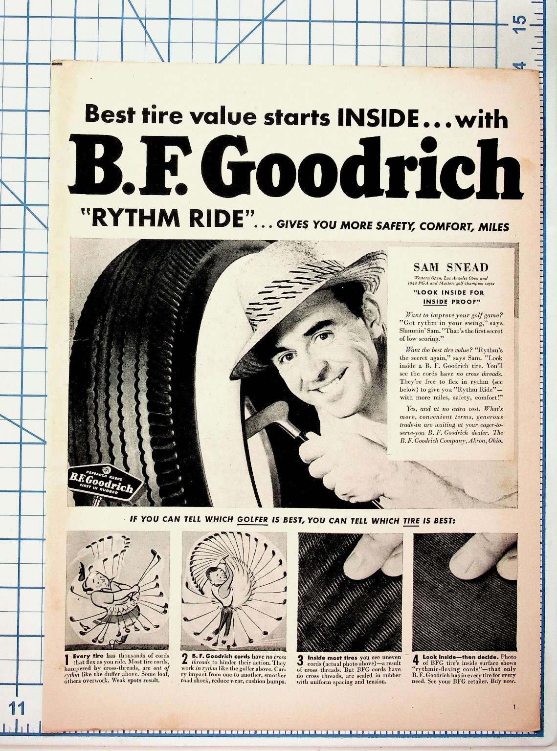 Vintage 1949 Sam Snead Golf B.F. Goodrich Rythm Ride Tires Magazine Ad